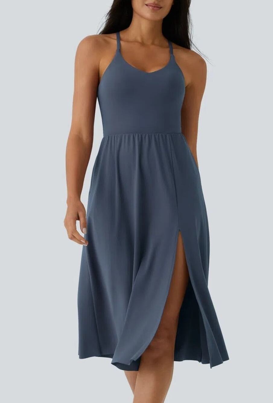 Halara SoftlyZero Racerback Midi Dress Size L Blue Sleeveless Pockets Casual